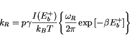 \begin{displaymath}
k_R = p \gamma \frac{I(E_b^+)}{k_BT}
\Bigg\{\frac{\omega_R}{2\pi}\exp{[-\beta E_b^+]}\Bigg\}
\end{displaymath}