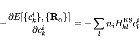 \begin{displaymath}
- \frac{\partial E[\{c_k^i\},\{ {\bf R}_\alpha \}] }{\partial c_k^i } =
- \sum_l n_i H^\mathrm{KS}_{kl} c_l^i
\end{displaymath}